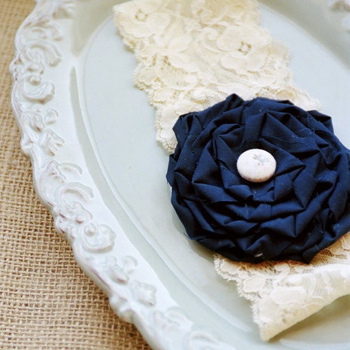 RUTH - navy and cream  lace rose headband