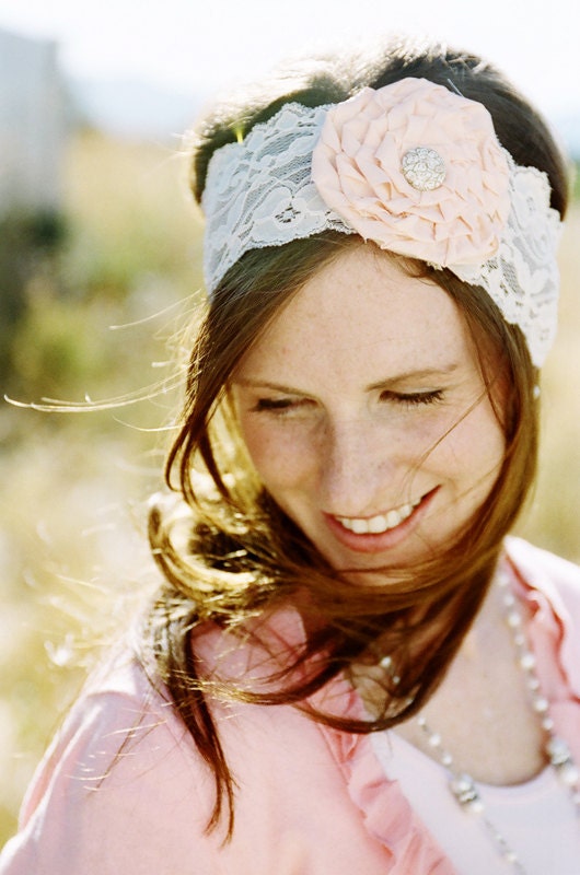 RUTH - Cream and peach lace rose headband