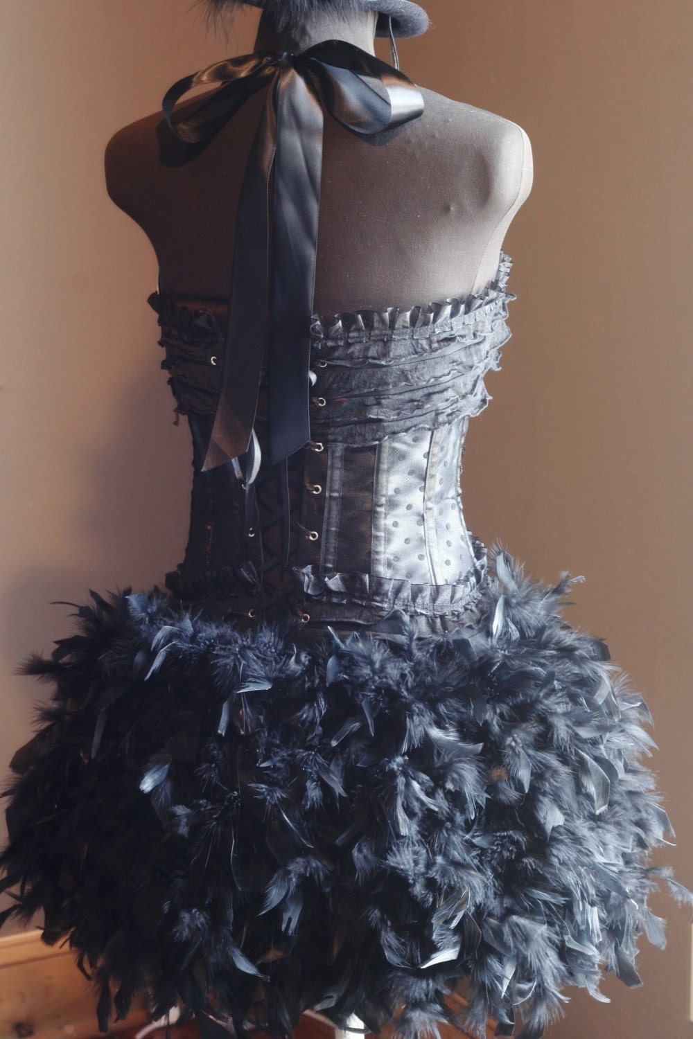 KALI Black Burlesque Costume Corset for Mardi Gras w/ steampunk feathers