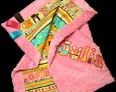 Baby Lovie Girl - Appliqued Cute Cat Minky Lovie, lovey, security blanket - 18 x 22 with Personalized Applique (6 Letters)