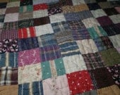 Vintage Patchwork Quilt, Picnic quilt, shabby chic, country quilt, menswear fabrics, red, blue squares, Vacation SALE