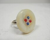 Button Ring, Adjustable ring, Mother of Pearl button with red and blue accent beads, Vacation SALE