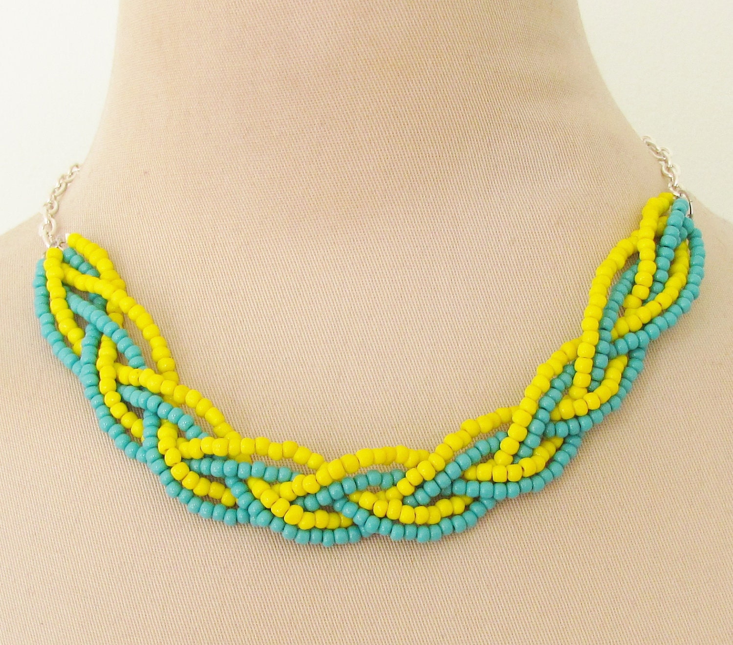 Braided Necklace Turquoise Blue and Bright Yellow Glass Beads on Silver Chain
