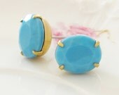 Turquoise Blue Post Earrings-  Vintage Chunky Turquoise Blue Oval Faceted Glass Rhinestone Post Earrings - Wedding, Bridesmaid, Preppy