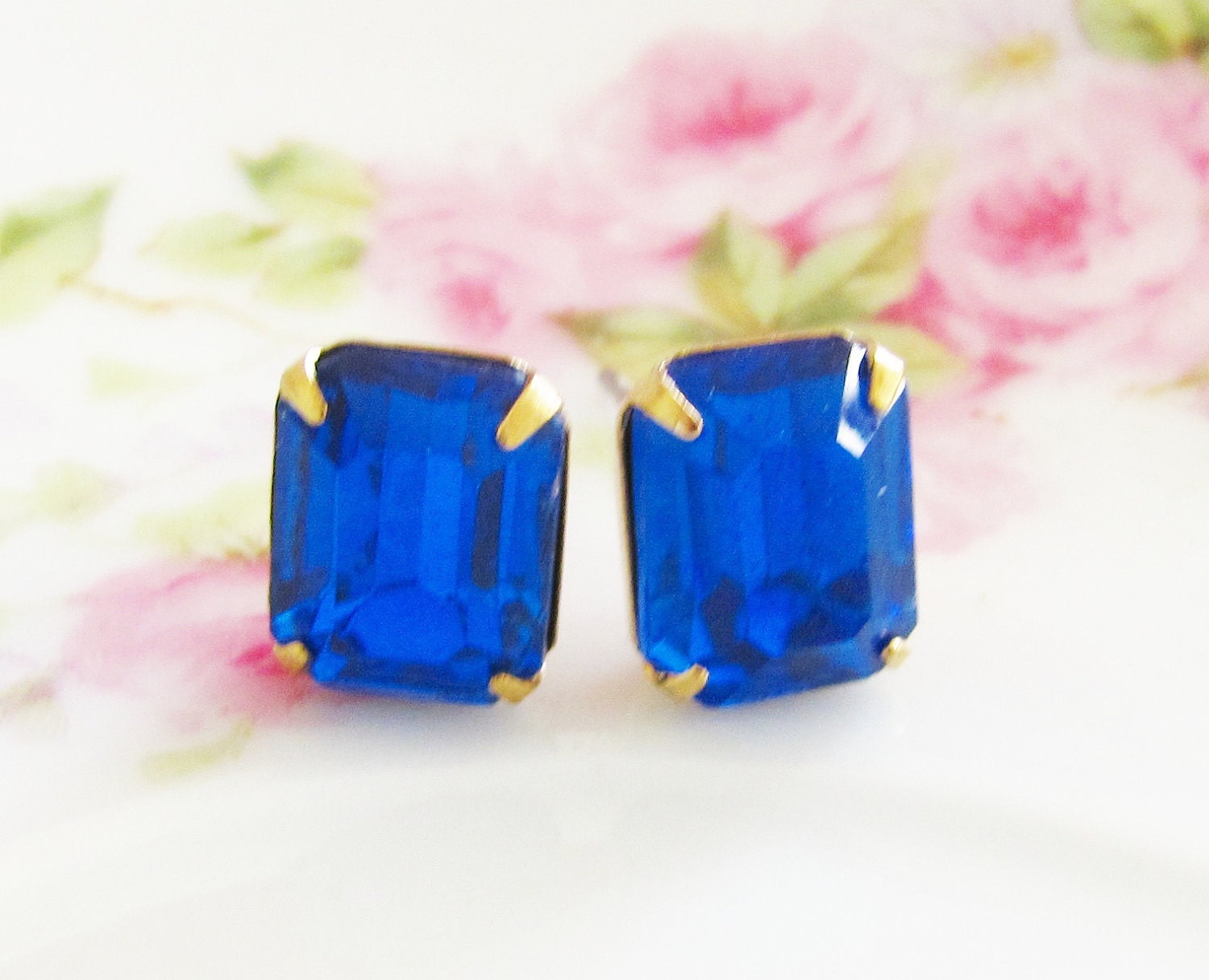 Sapphire Glass Rhinestone Post Earrings - Vintage Sapphire Blue Wedding, Bridal, Bridesmaid Surgical Steel Stud Earrings