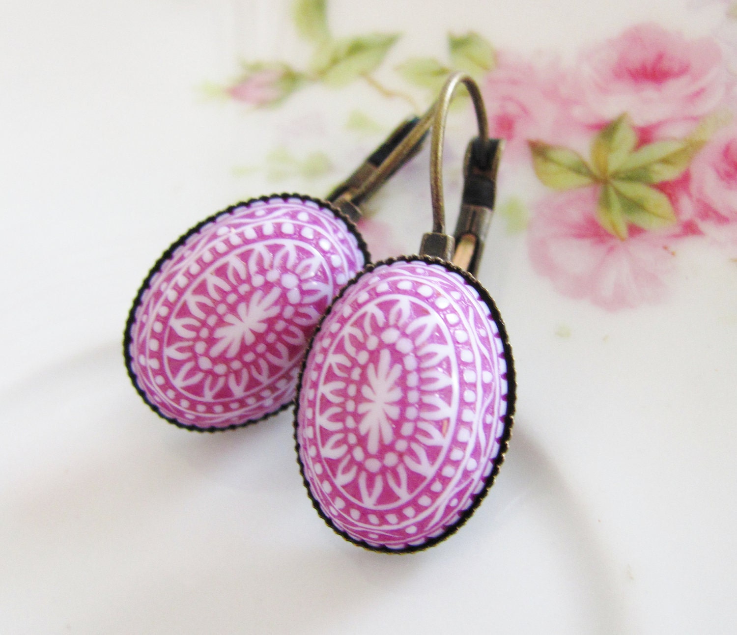 Vintage Lavender Purple and White Mosaic Bohemian Antique Brass Earring Drop Dangles
