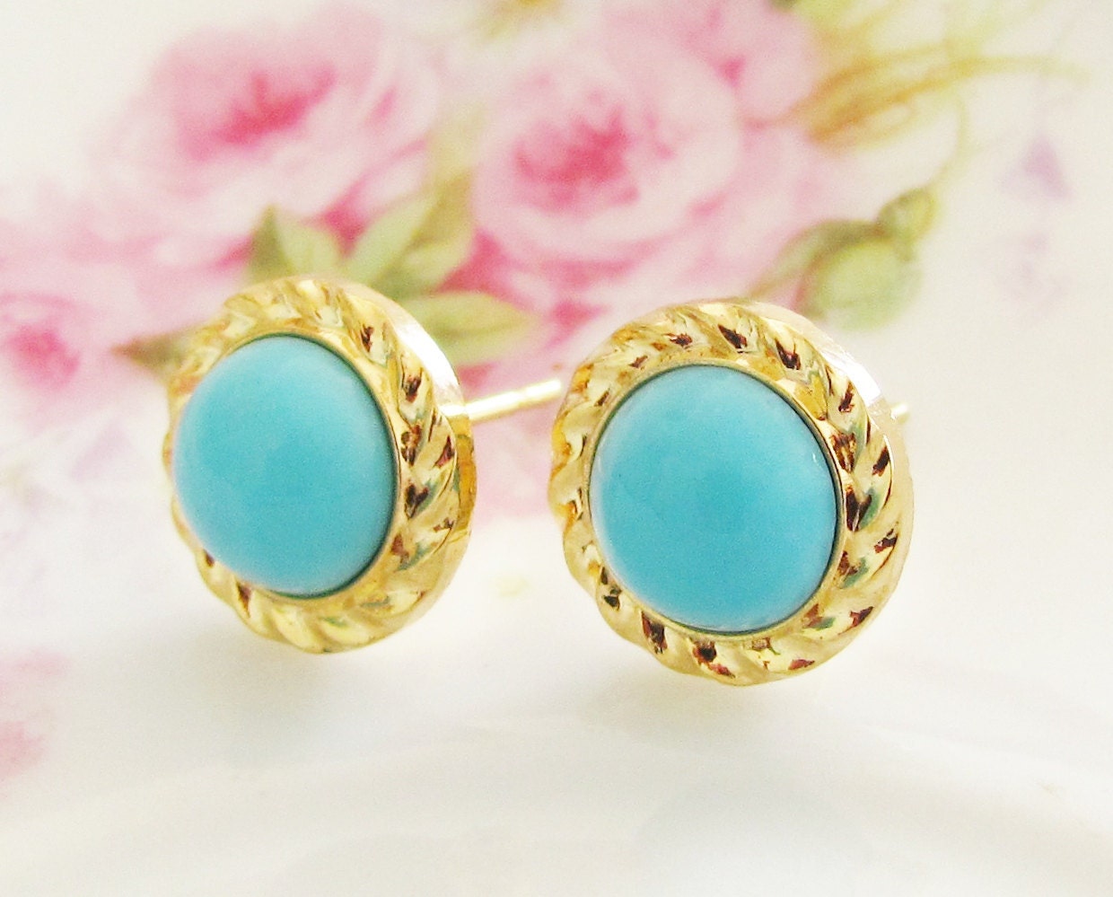 Aqua Rope Earrings - Aqua Blue Rope Round Gold Plated Post Earrings - Preppy Bridesmaid, Wedding, Bridal