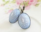 Vintage Stonewashed Denim Blue and White Mosaic Bohemian Antique Brass Earring Drop Dangles