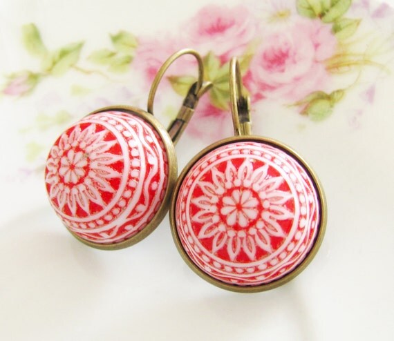 Red and White Mosaic Earrings - Vintage Cherry Red and White Mosaic Bohemian Antique Brass Earring Drop Dangles