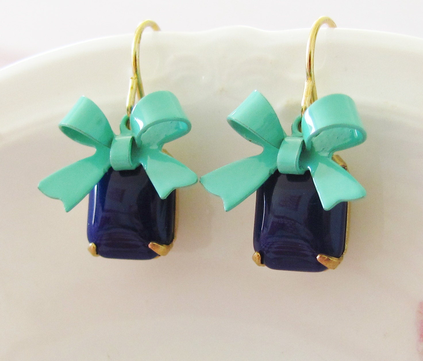 Turquoise Bow Earrings - Navy Blue Vintage Glass Jewel and Turquoise Enamel Bow Dangle Earrings - Preppy, Wedding, Bridal, Bridesmaid