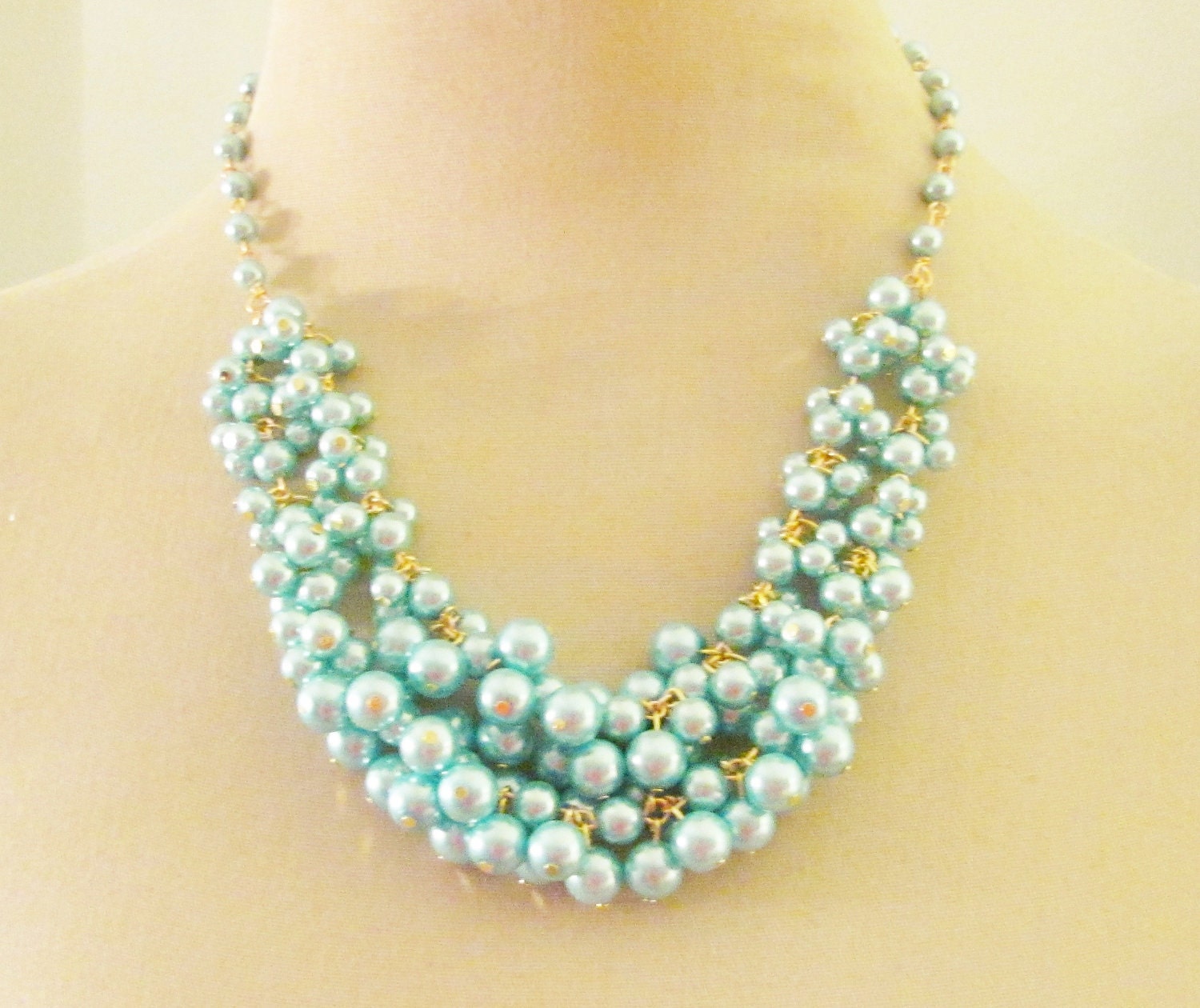 Aqua Blue Glass Pearl Cluster Statement Beaded Bib Necklace Hand Wired