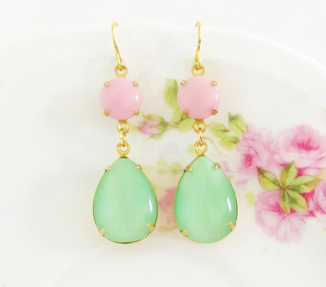 Mint Green Pink Earrings Vintage Teardrop Moonstone and Round Pink Glass Jewel Glamour Dangle Earrings