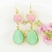 Mint Green Pink Earrings Vintage Teardrop Moonstone and Round Pink Glass Jewel Glamour Dangle Earrings