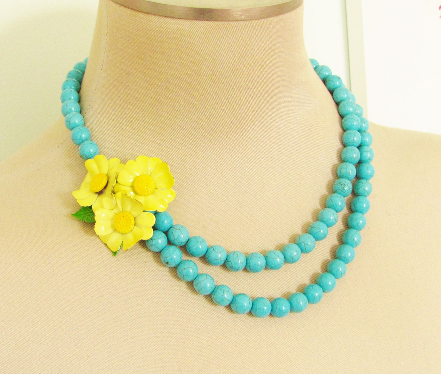 Vintage Enamel Flower Necklace Bright Sunny Yellow Flower Cluster Asymmetrical Double Strand Turquoise Howlite Statement Necklace OOAK