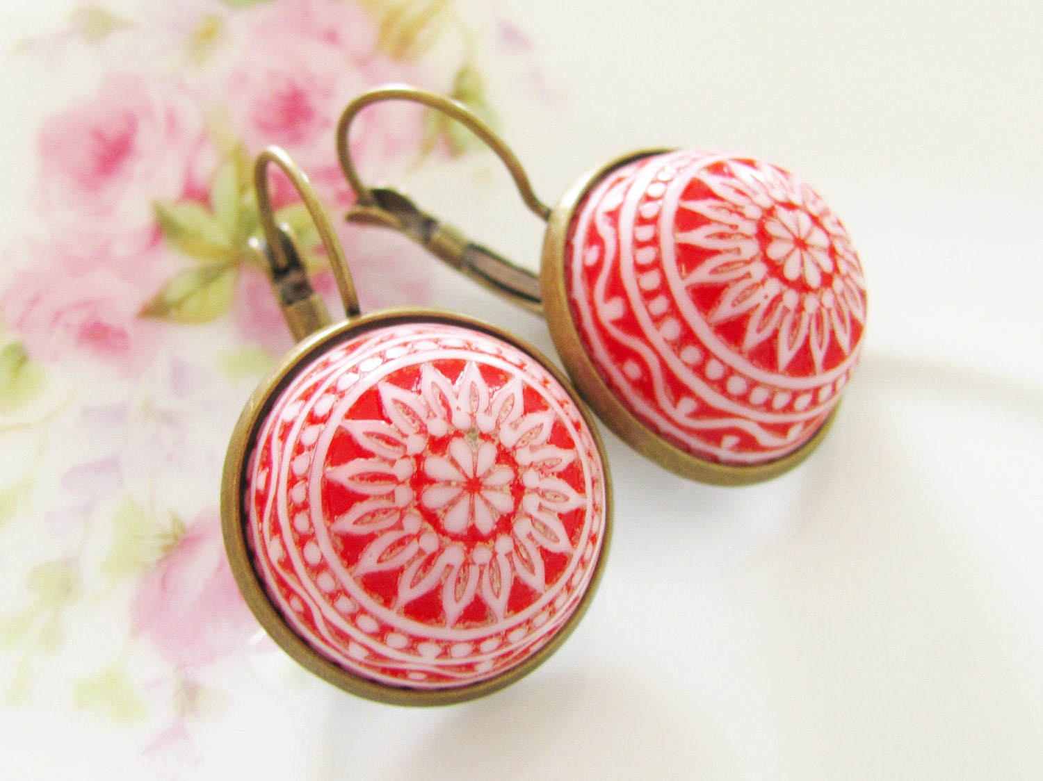 Red and White Mosaic Earrings - Vintage Cherry Red and White Mosaic Bohemian Antique Brass Earring Drop Dangles