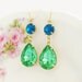 Vintage Peridot Green Teardrop and Ocean Blue Glass Rhinestone Glamour Dangle Earrings