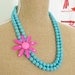 Vintage Enamel Flower Necklace Hot Fuchsia Pink Daisy Double Strand Turquoise Howlite Beaded Statement Necklace OOAK Neon