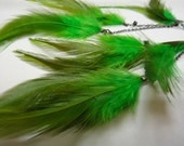 Green Feather Earrings on Gun Metal Chain, Neon Green, Black Crystal, Long Feather Earring, Burlesque,