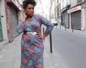 Vintage 1950's Parisian Abstract Floral High Collar Wool Bodycon Dress Made in France (sz 12 14)