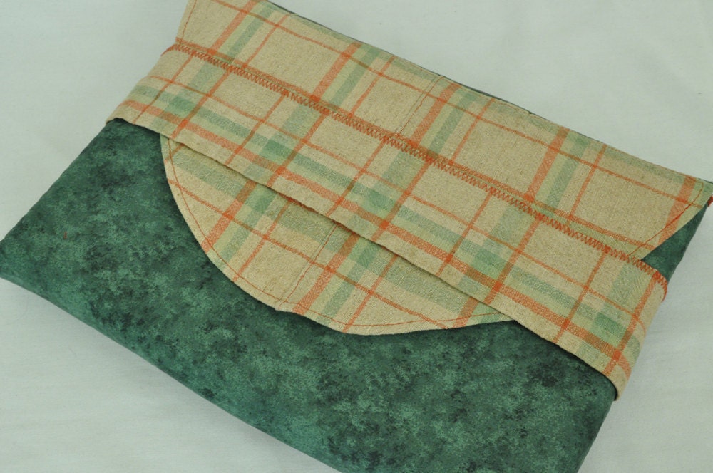 50% OFF and Free Shipping Eco 13 inch Padded LapTop Sleeve Upcycled Fabric in Green & Orange Plaid