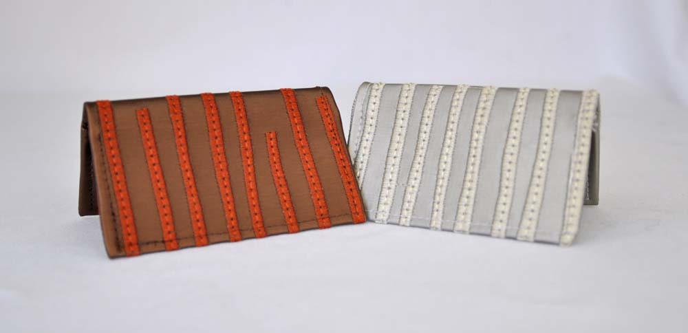 Eco Card Wallets from Upcycled Fabrics with Embroidered Stripes
