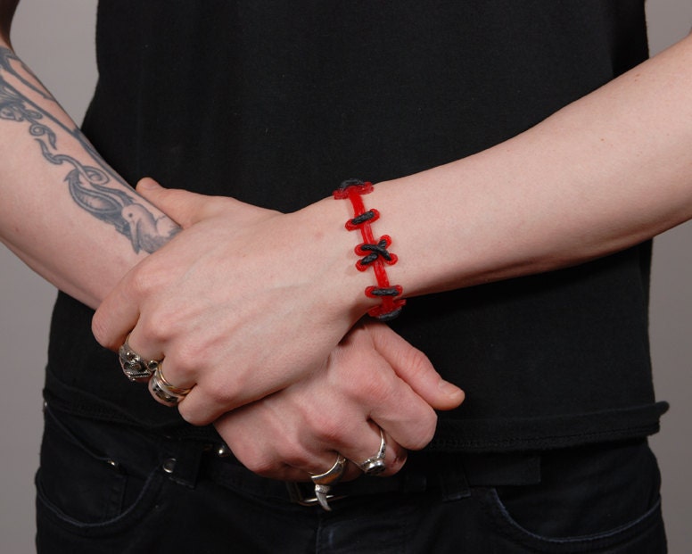Psychobilly Jewelry  - Frankenstein  Stitches - Stitch Bracelet - Set of 2 rbrigh red/black Thin Stitch