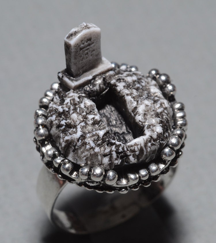 Creepy Gothic  Miniature Cameo 4 Ring Set-Open Grave-Cemetery-Zombie- Tombstone-Casket