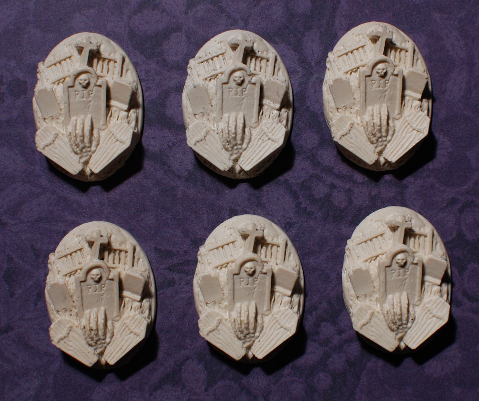Gothic  40 x 30mm Cabochons Cameo -Halloween Skeleton  Hand in Graveyard  - 6pc - Creepy Cute - Ivory