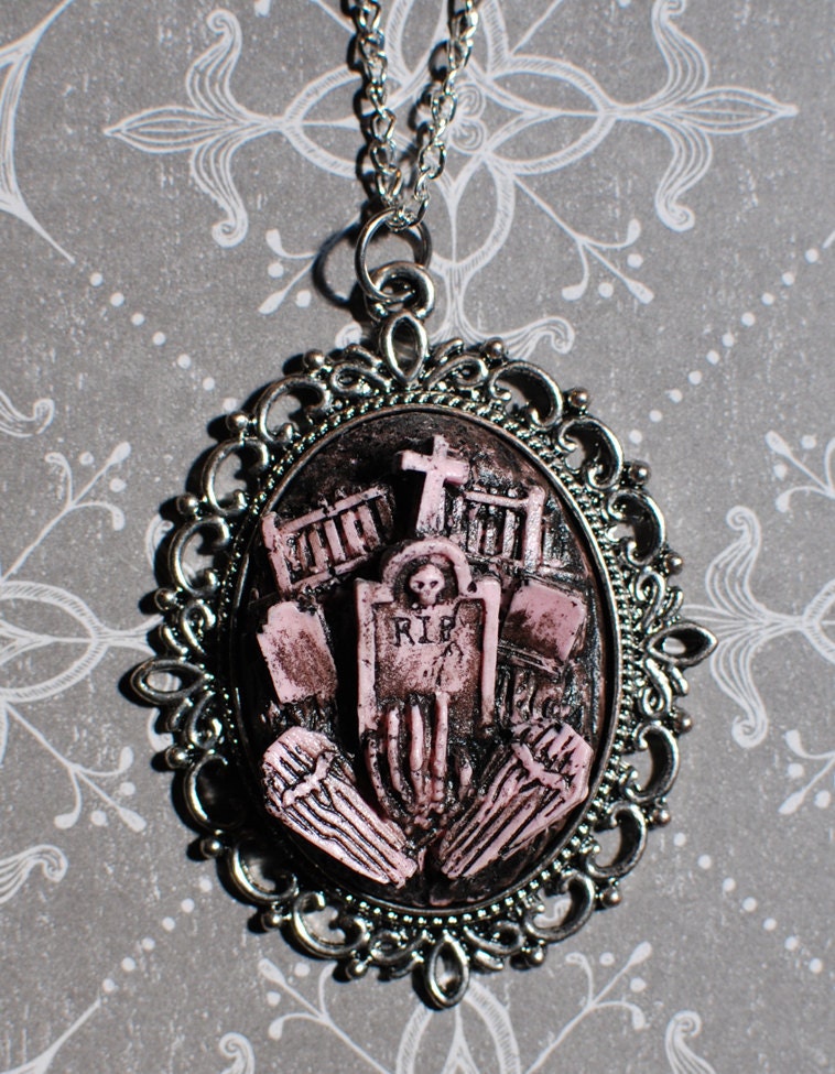 Halloween  Necklace  - Creepy Cute Gothic Necklace  -  Cemetery Necklace with Tombstones Caskets and Skeleton Hand-Putrid Pink