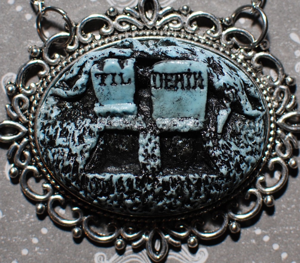Gothic Lolita Cameo Necklace - Creepy Cute Gothic Cameo Resin Necklace  -  Till Death Double Grave- Bitter Blue