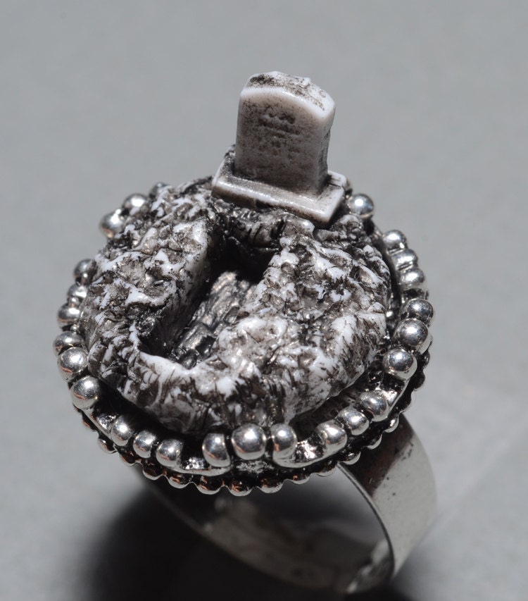 Halloween Costume jewelry - Cemetery Plot with Tombstone and Open Grave - Zombie Frankenstein