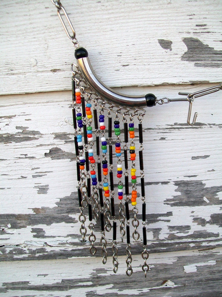 Vintage Chain Belt Modern Abstract Beaded Center with dangle chains