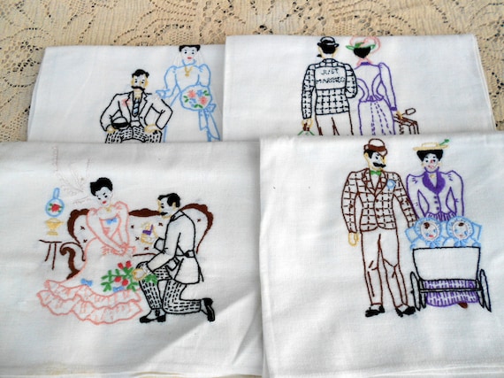 Antique Embroidered Tea Towels Victorian Just Married wedding Theme