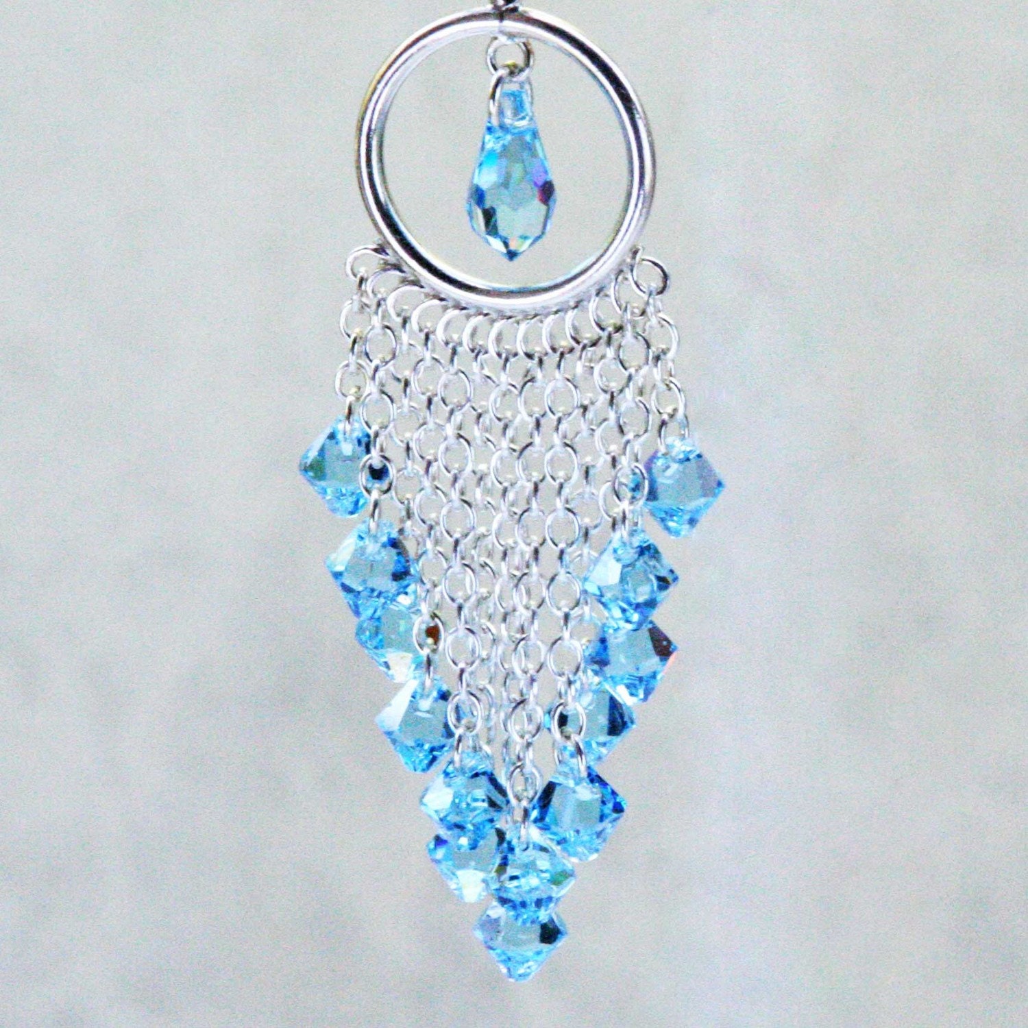 Handmade Light Sapphire Blue Swarovski Crystal Sterling Silver Tassel Earrings