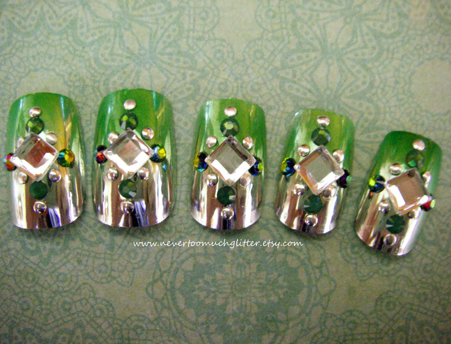 Japanese 3D Nail Art- Fresh Green Bejeweled Deco Nails