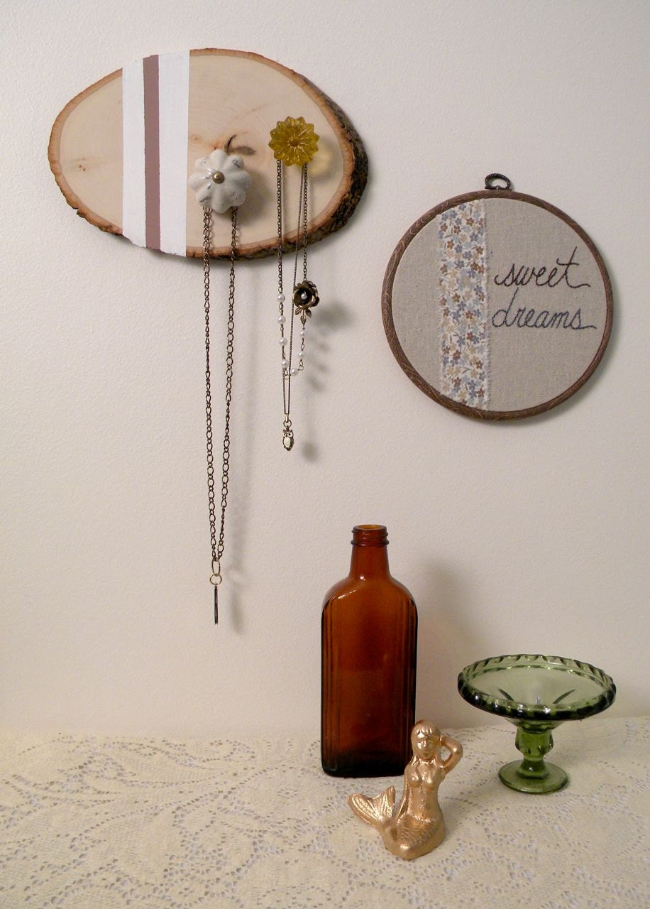 wooden jewelry hanger, mustard and rose