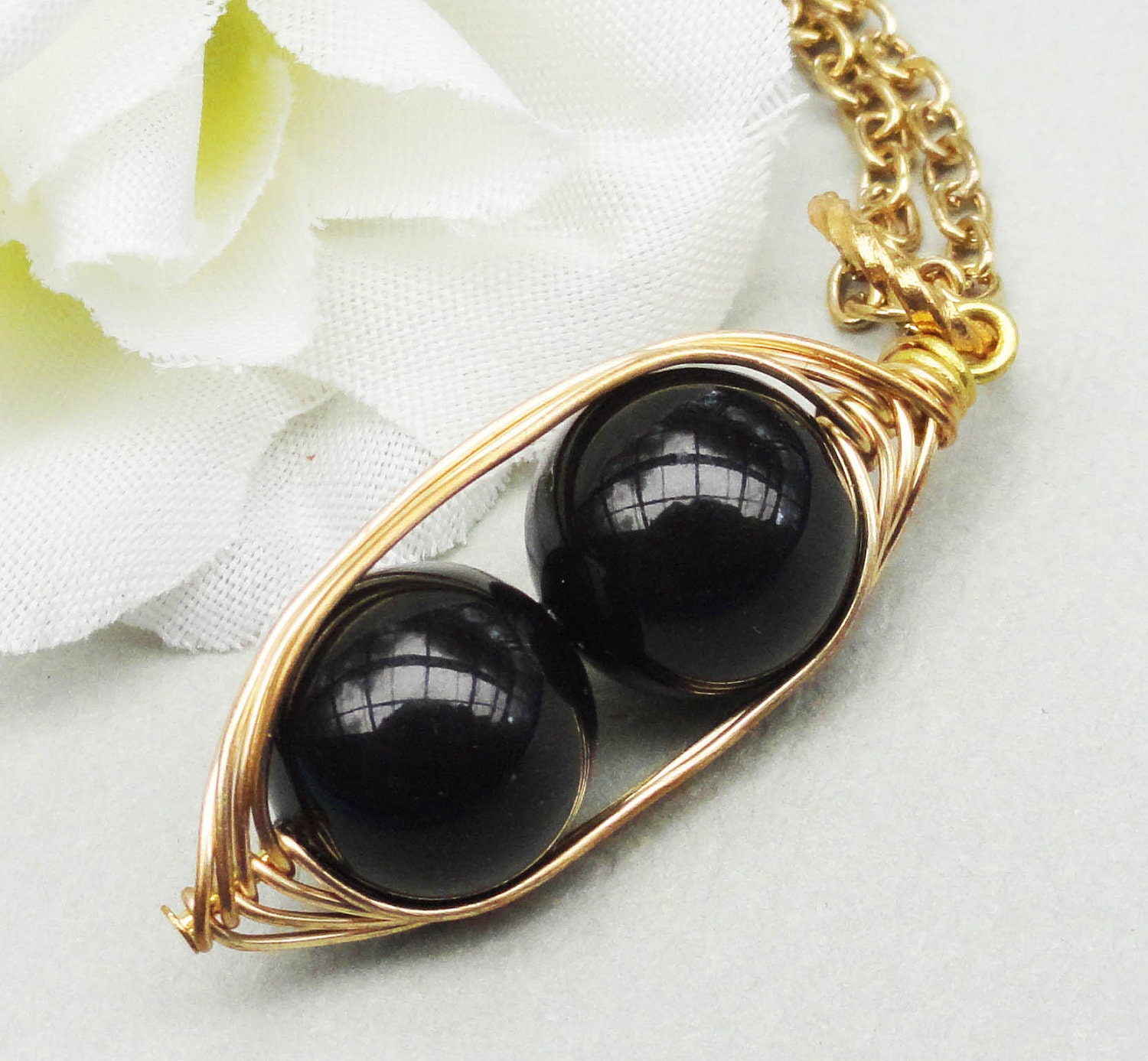 Two Peas In A Pod Gold Pendant Necklace Black Swarovski Pearls. For Brides, Bridesmaids, Sisters, Family, Best Friends Or Mothers