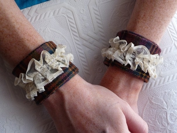 Wrist Cuff Handmade Wrist Cuffs Set of Two Soft Vintage Wool Vintage Lace Gold Vintage Buttons Unique Bracelet