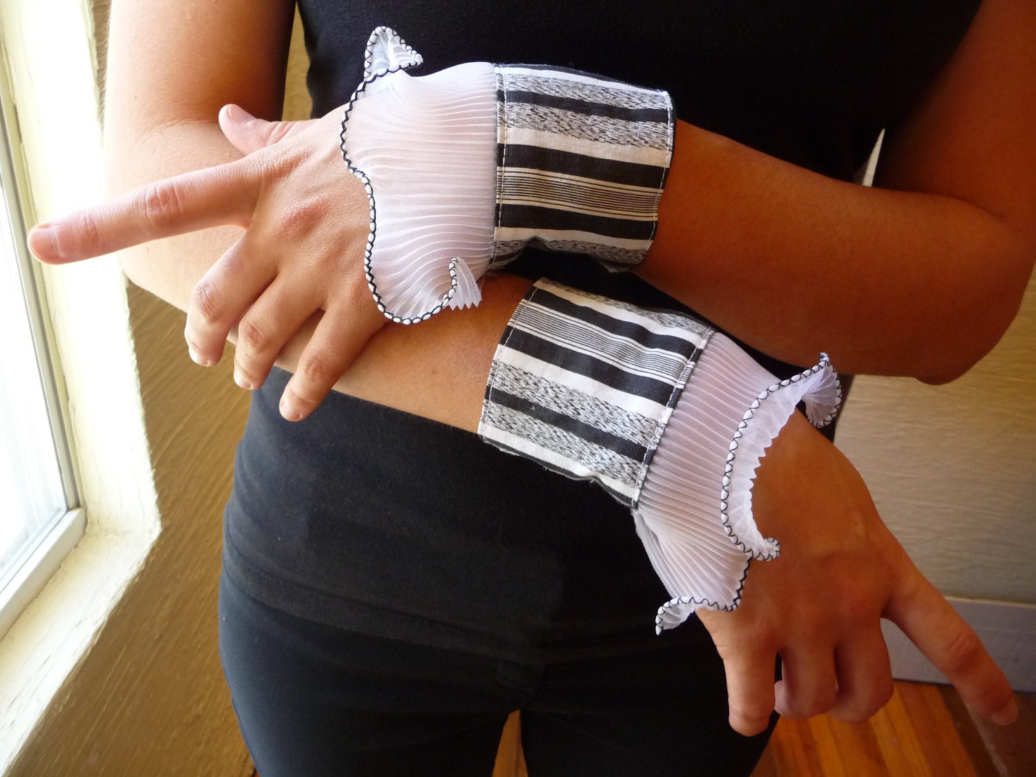 Handmade Wrist Cuffs Set of Two Vintage Black White Striped Fabric Trim Silver Anchor Buttons Unique Bracelet Accessories Black White