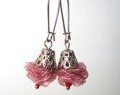 Pale Pink Rose Earings, Pale Pink Rose, Dangle Earrings, Organza Rose Earrings,Red Swarovski bead, Teen girl gifts, Teen girl Jewelry
