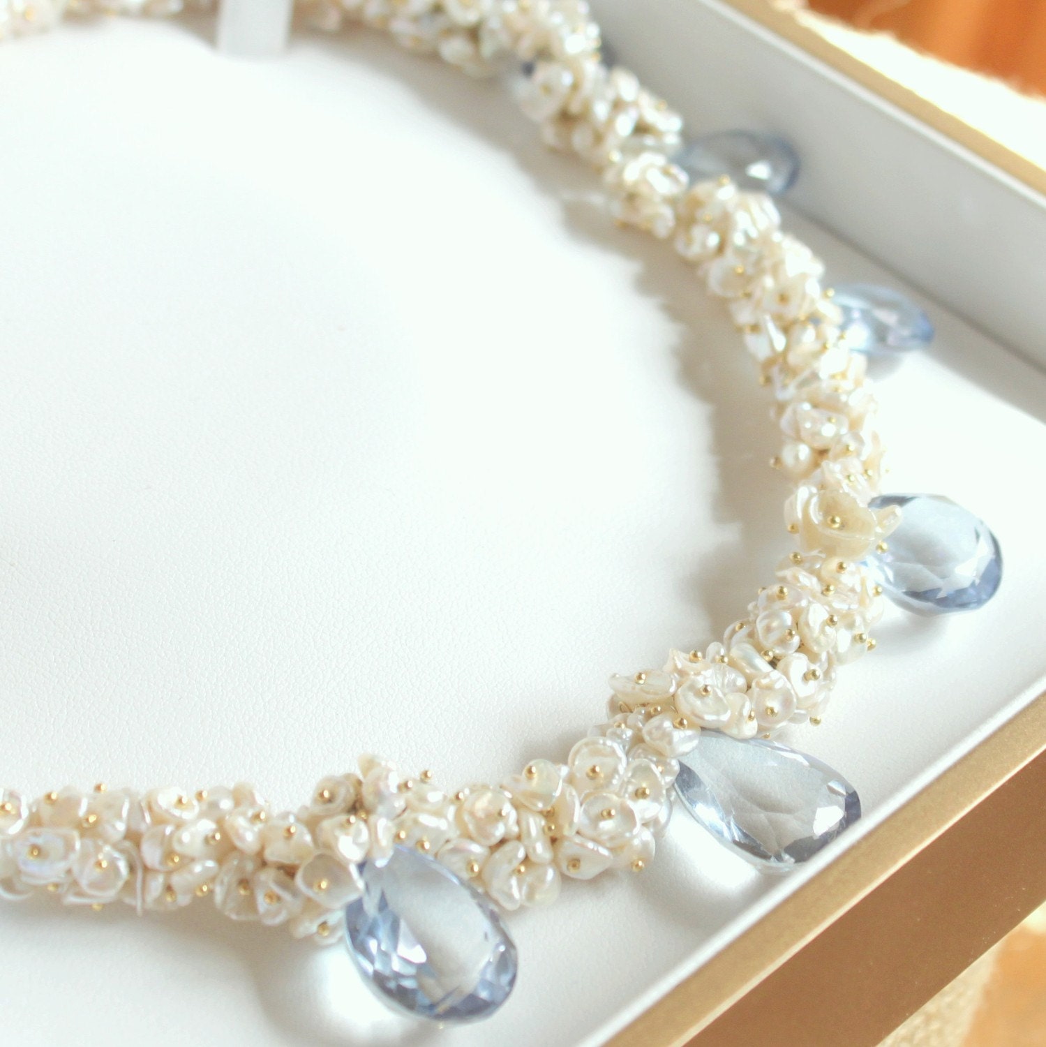 Bridal Jewelry, Wedding Jewelry, Opulent Keishi Pearl and Blue Topaz Necklace - Something Blue, Handmade Luxury Gemstone Design