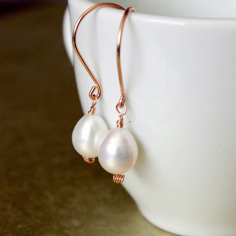 Bridal Earrings, Rose Gold White Teardrop Freshwater Pearl Wedding Jewelry Luxury Gemstone Designs Handmade and Artisan Crafted