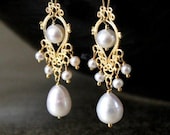 June Birthstone, Bridal Jewelry, Bridesmaid Jewelry - Gold Filigree Chandelier Pearl Earrings --The MERMAID