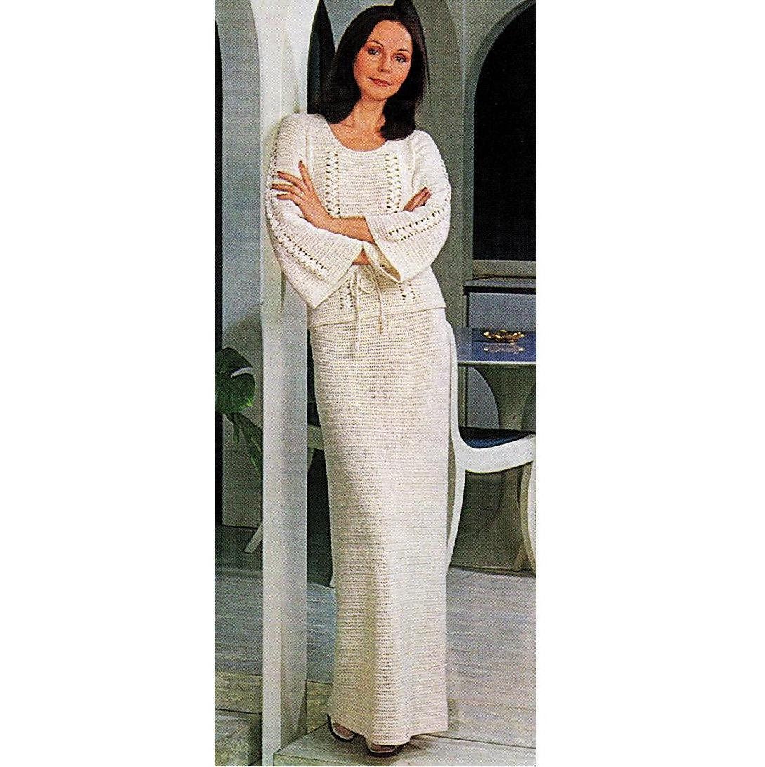 INSTANT DOWNLOAD PDF Vintage Crochet Pattern  Flared Sleeve Tunic Blouse and  Maxi Skirt Suit