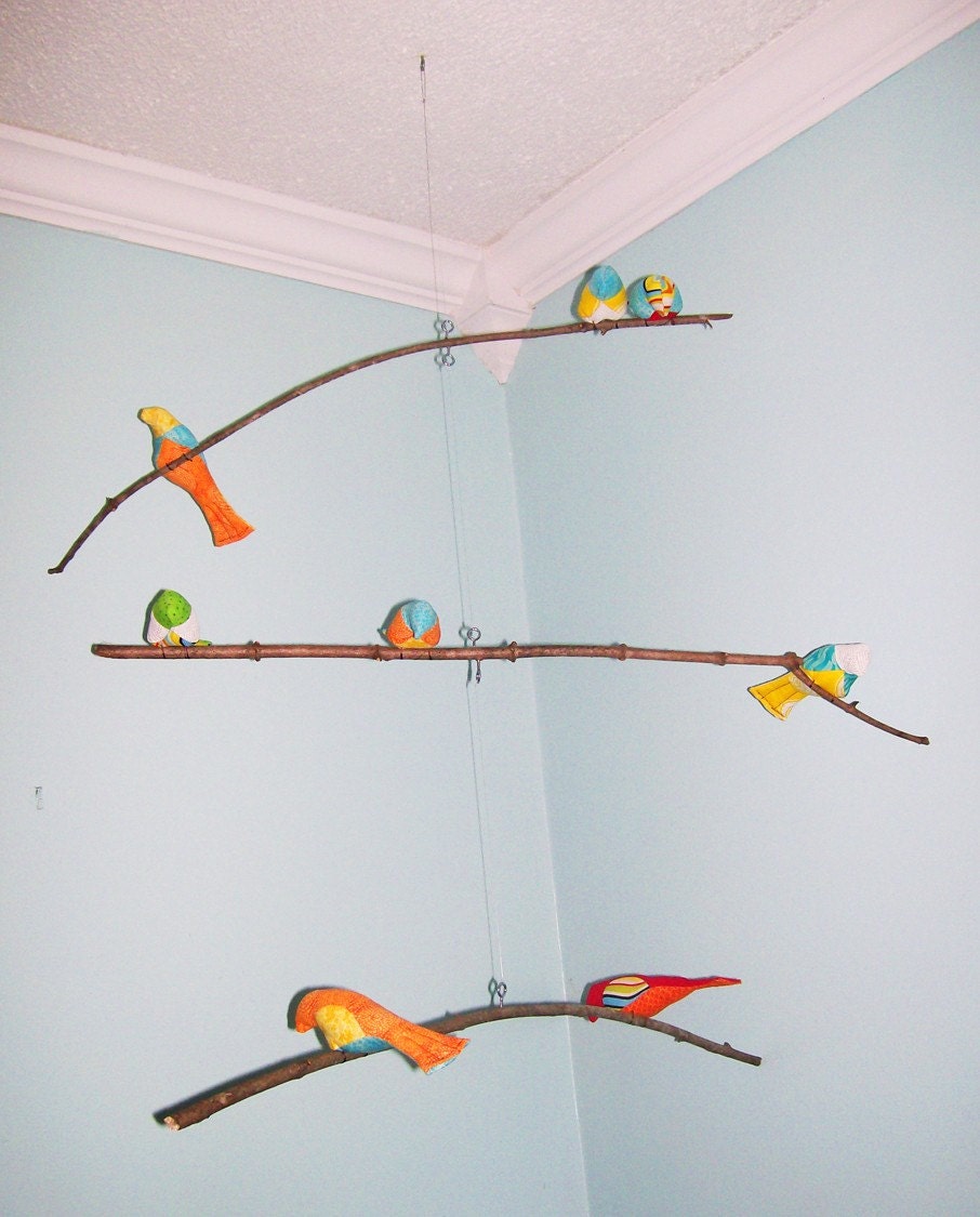 Bird Mobile - branches - 3 tiered - baby bird - in blue, red, green, yellow, white, orange