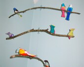 Bird Mobile - branches - 3 tiered - baby bird - in pink, brown, red, blue, green, yellow, orange, and white