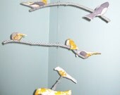 Bird Mobile-Fabric branches, white, grey, blue, orange, red, yellow