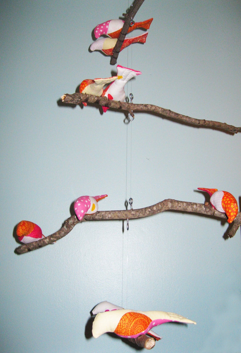 Bird Mobile-4 Tiers,pink, white, orange, and yellow, branches, natural