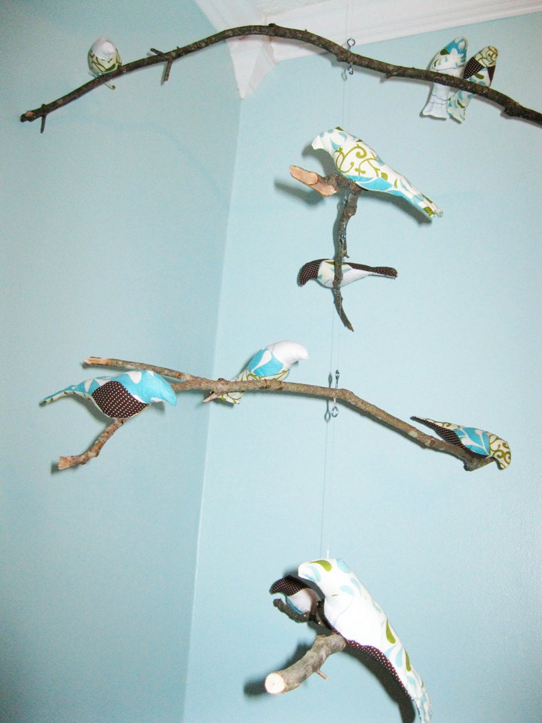 Bird Mobile - branches - 4 tiered - baby bird - in blue, green, brown, cream, and white