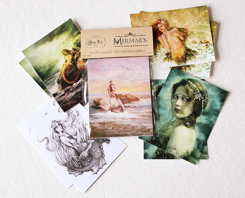 Mermaids Set of 10 Siren Sea Nymph Art Postcard Prints, Assorted Fantasy Illustrations by Ginger Kelly // Set B